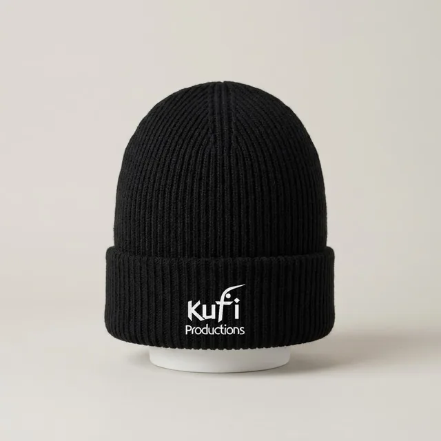 Black knit beanie with the Kufi wordmark