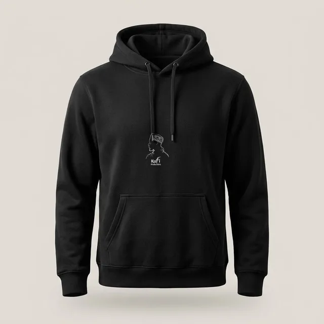 Black fleece hoodie with the Kufi Productions logo on the chest