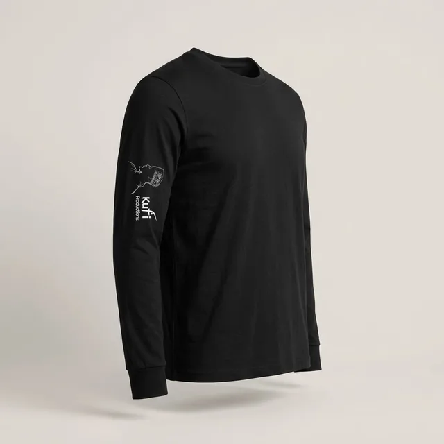 Black long sleeve tee with the Kufi Productions logo printed down the sleeve