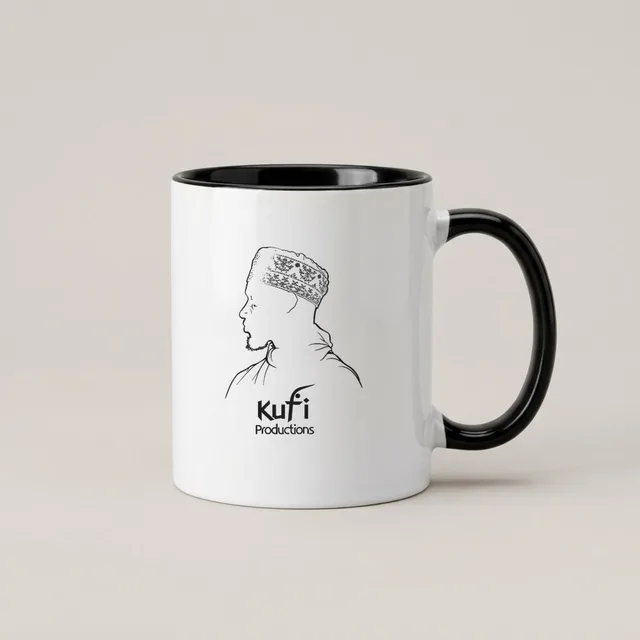 White coffee mug with a black handle and the Kufi Productions logo