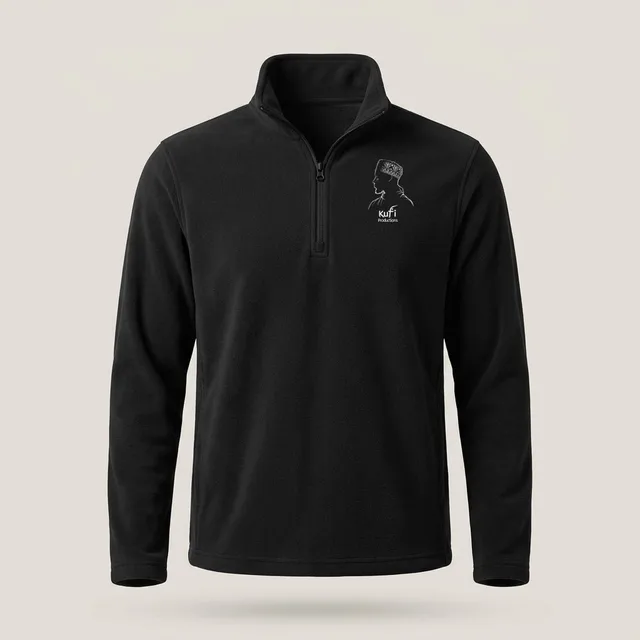 Black quarter-zip fleece pullover with the Kufi Productions logo on the left chest