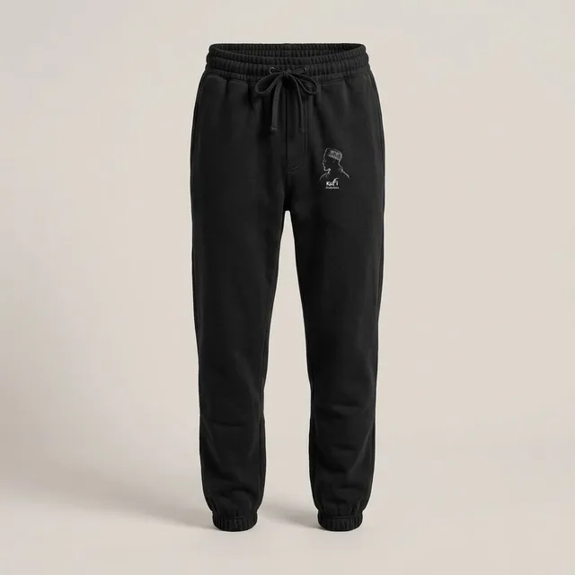 Black fleece sweatpants with the Kufi Productions logo