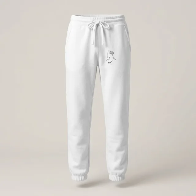 White fleece sweatpants with the Kufi Productions logo