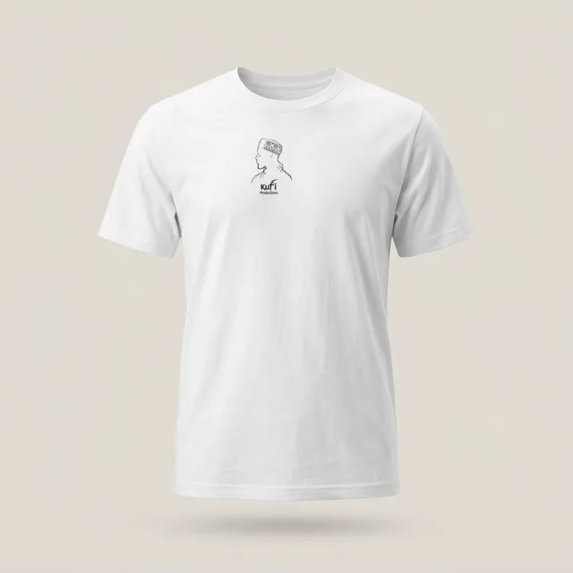 White tee with the Kufi Productions logo on the chest