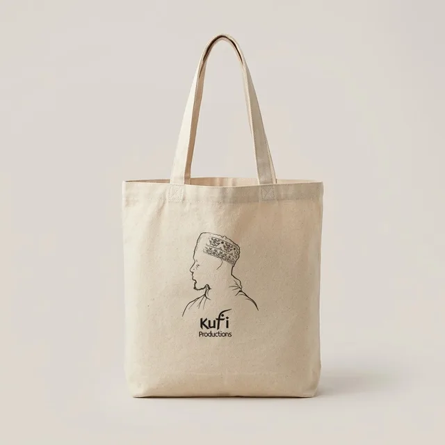 Beige tote bag with the Kufi Productions logo