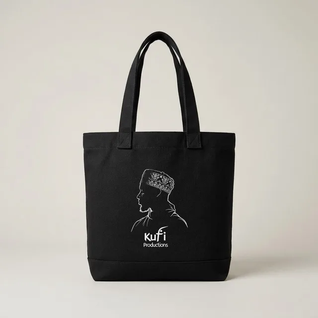 Black tote bag with the Kufi Productions logo