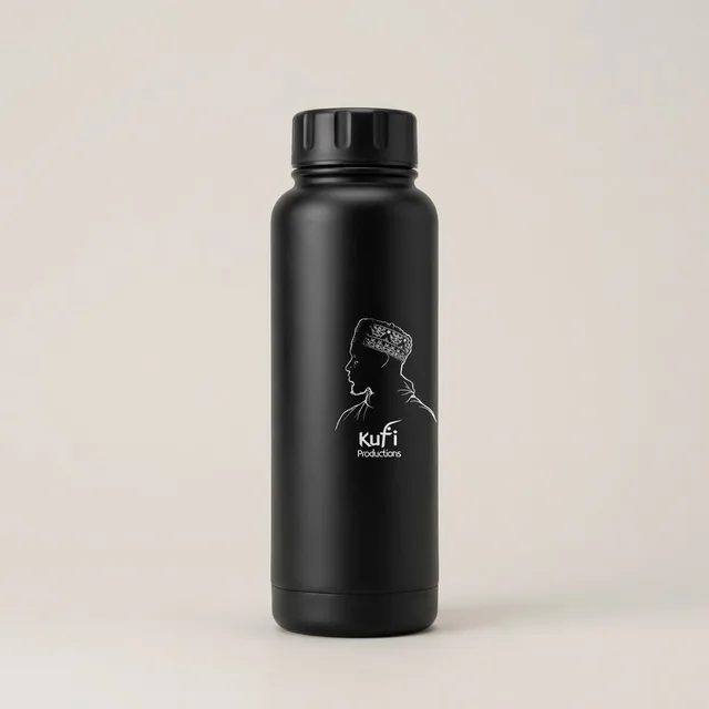 Black stainless steel water bottle with the Kufi Productions logo