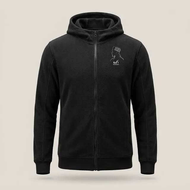 Black zip fleece hoodie with the Kufi Productions logo embroidered on the left chest